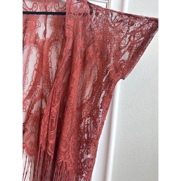 emerette Dusty Rose Pink Lace Open Front Kimono Cardigan with Long Fringe - Picture 2 of 7